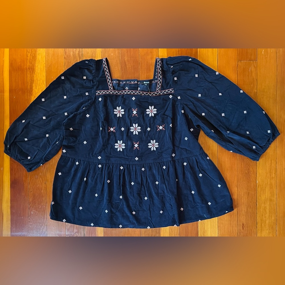 NWT Madewell Navy Blue Embroidered Plus Corduroy Button-Back Peplum Top 2X - Picture 5 of 8
